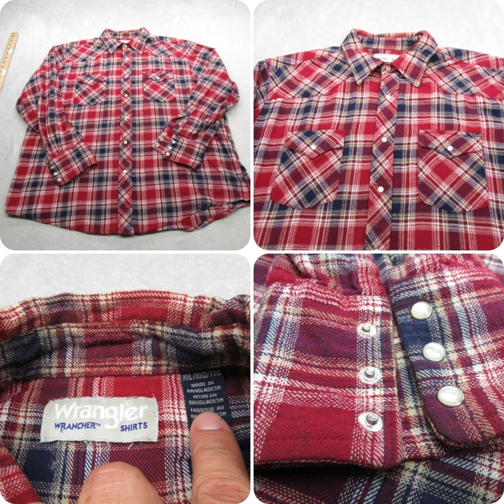 Wrangler Pearl Snap Flannel XXL Men Red Blue Plaid Shirt Western Lightweight VTG
